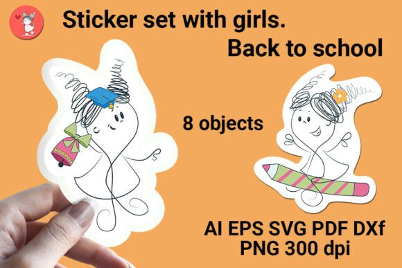 Sticker Set with Girls. Back to School